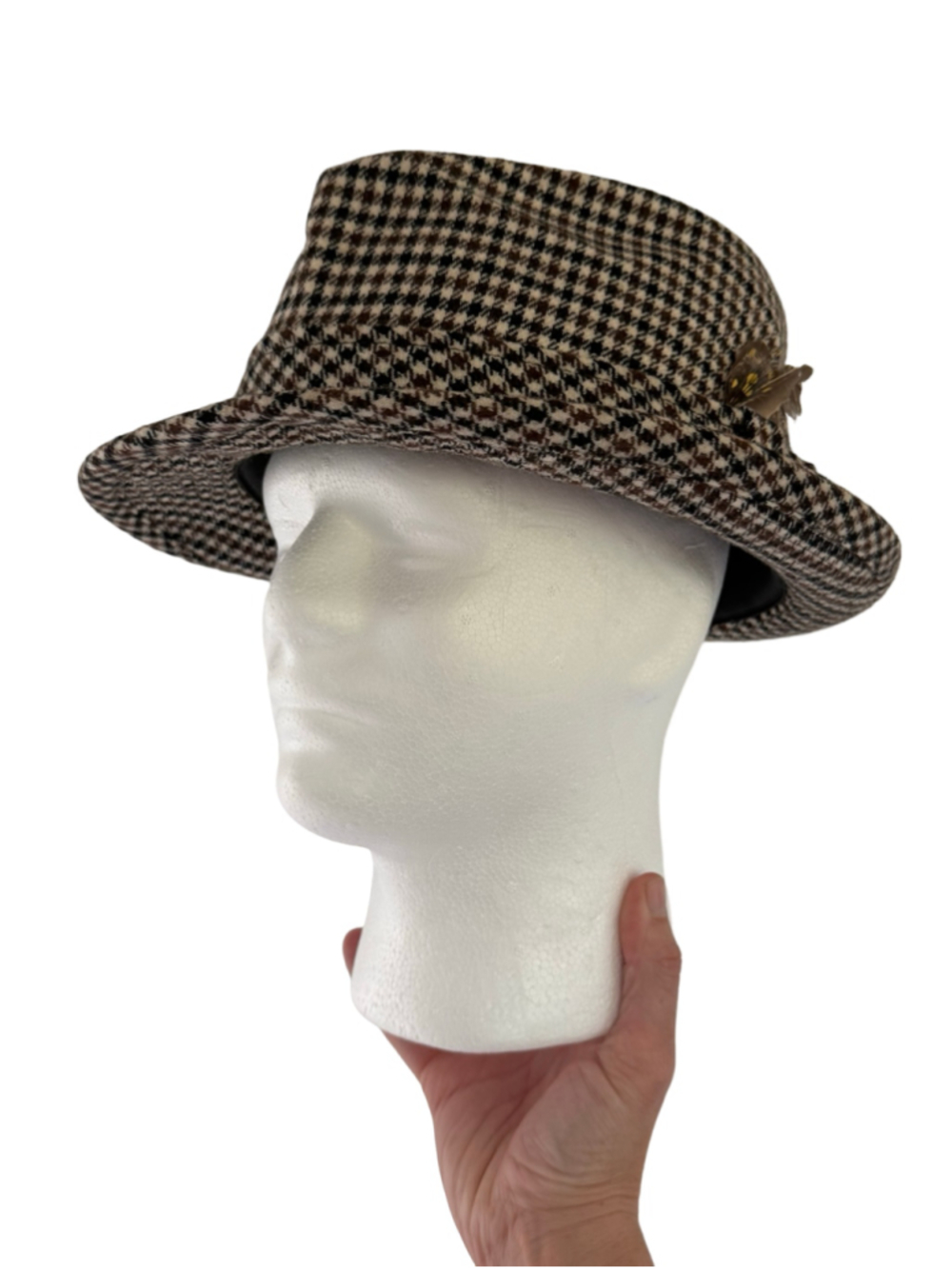 Vintage Pendleton Wool Houndstooth Fedora Trilby Hat Feather Size 7 1/2